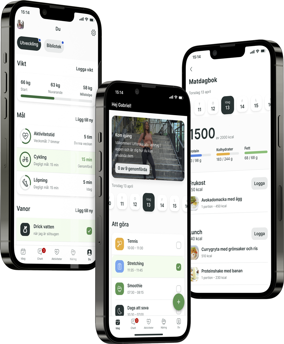 En mockup av coaching-appen som visar funktionerna.